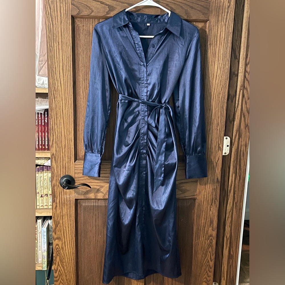 SHEIN Blue Wrap Tie Front Long Sleeve Dress